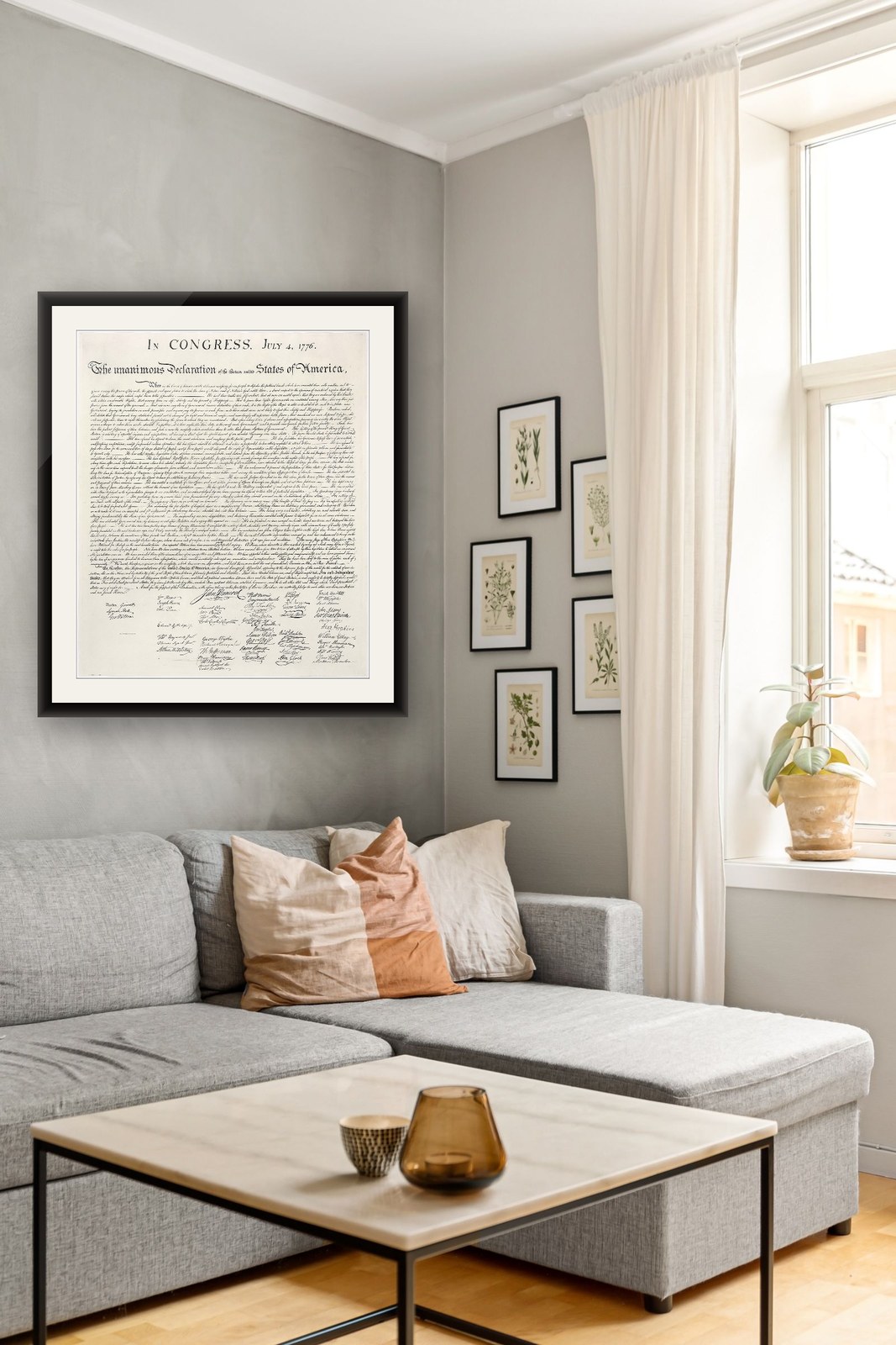 The Declaration of Independence framed, on the wall