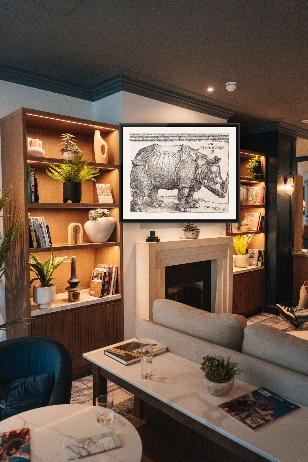Dürer's Rhinoceros, framed and hung in a private room