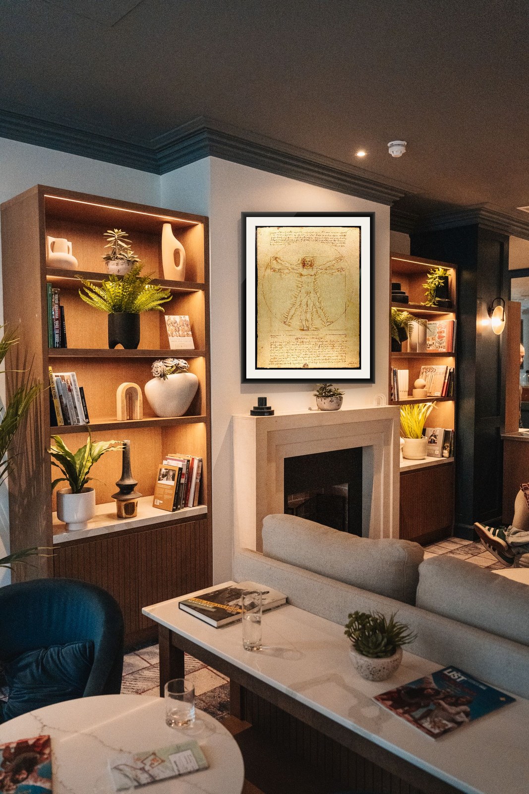 Vitruvian Man, framed and hung in a private room