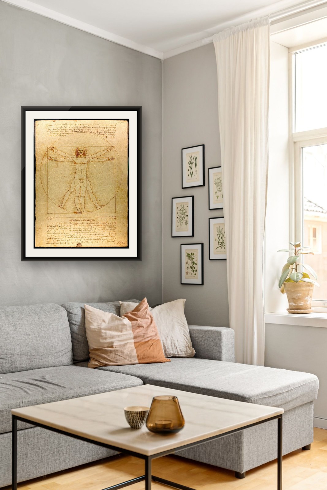 Vitruvian Man, framed and hung in the studio's staging room